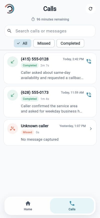 Cici Calls inbox showing completed calls, captured messages, and remaining minutes
